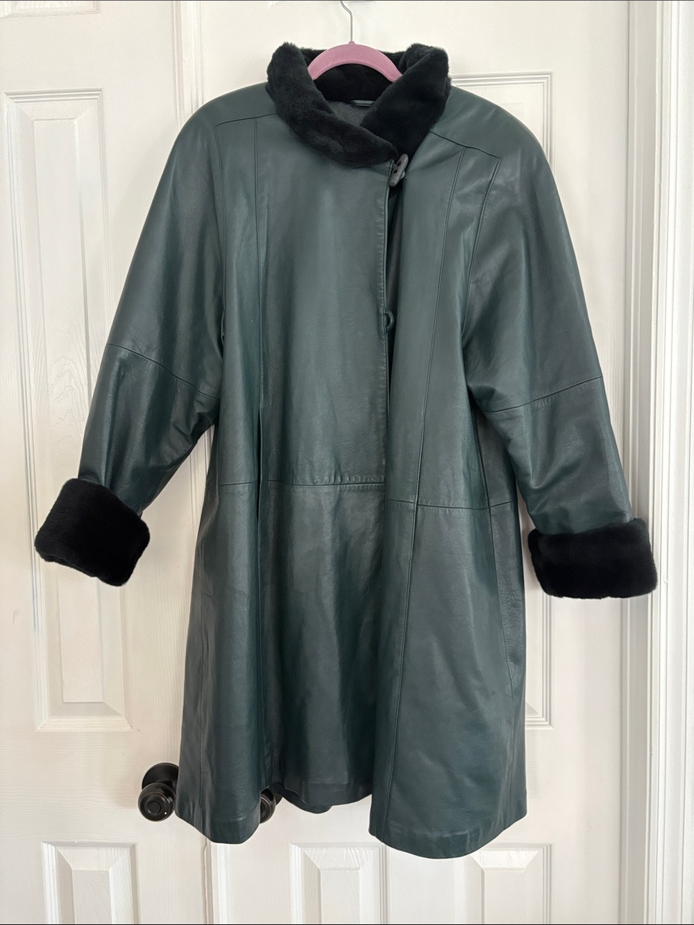 Maison Blanche Dark Forest Green Leather luxury Vintage Coat with Black Fur Trim